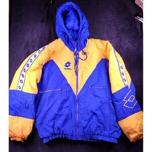 vintage Lotto Italia Men's XS Blue Yellow Colorblock Hooded Windbreaker Jacket